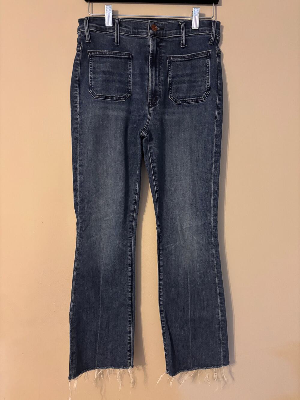 MOTHER Jeans Womens 28 Blue Denim High Rise Patch Pocket Crop Flare Raw Hem